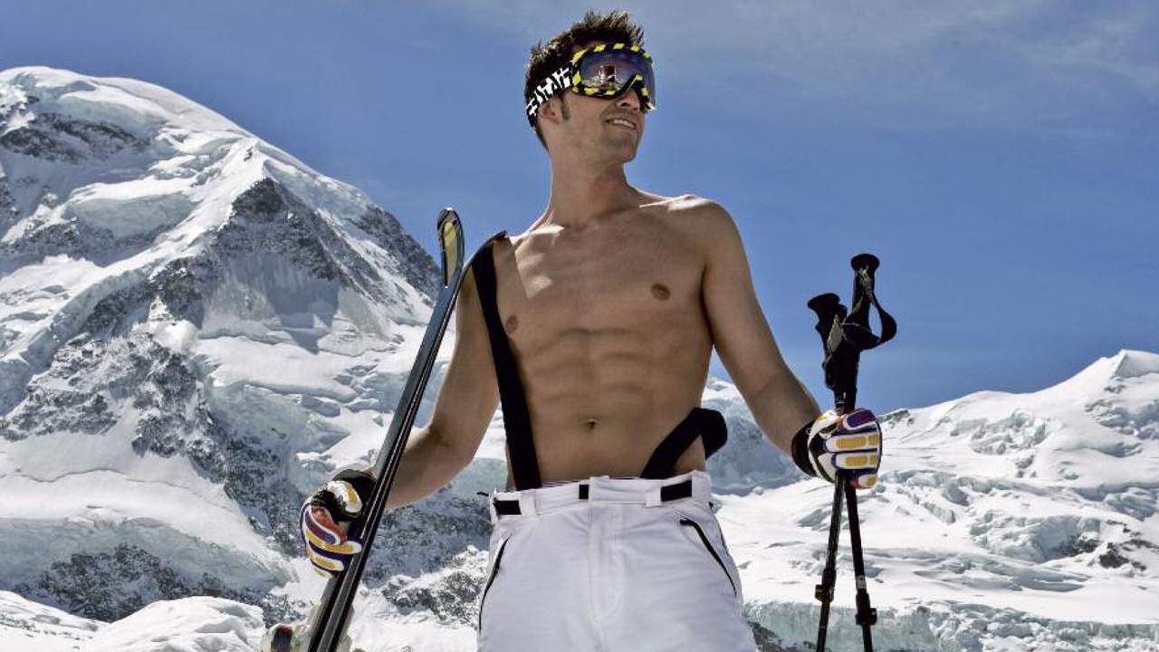 Man in shirtless ski clothing