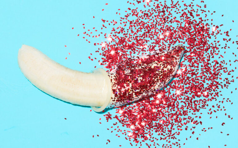 A banana with red glitters on it