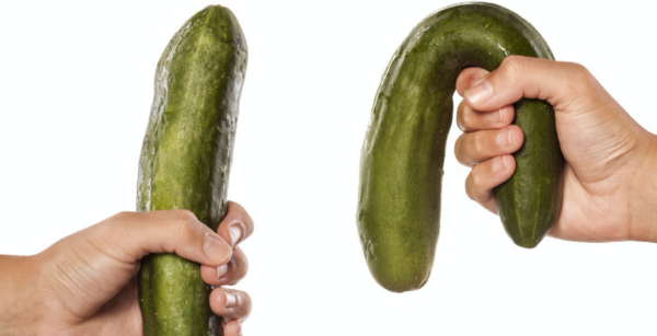 A straight cucumber and a mushy one