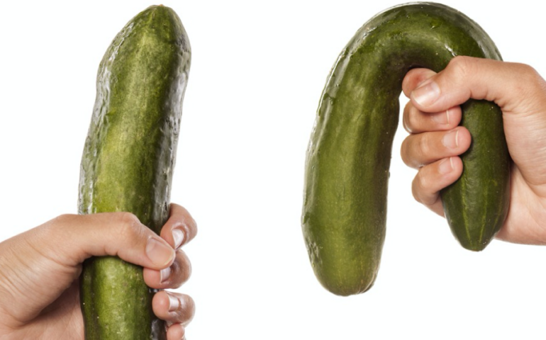 A straight cucumber and a mushy one